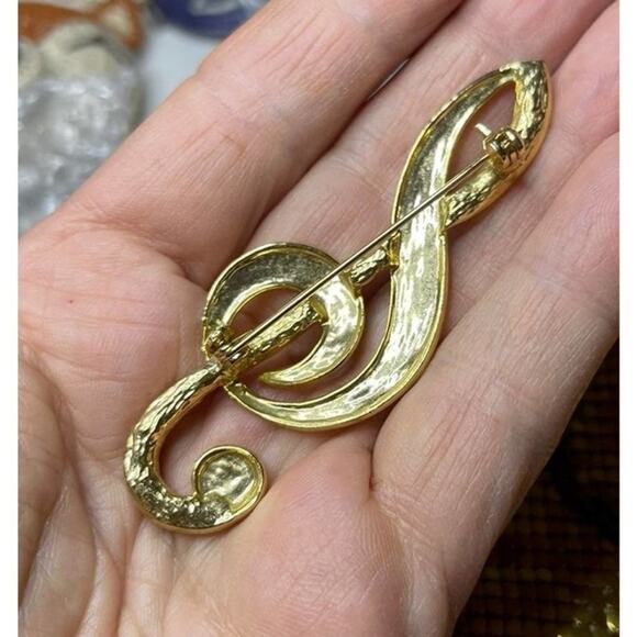 Brooch Pin Musical Clef Note Gold Clear Rhinestones Vtg Jewelry S13 - Picture 2 of 2